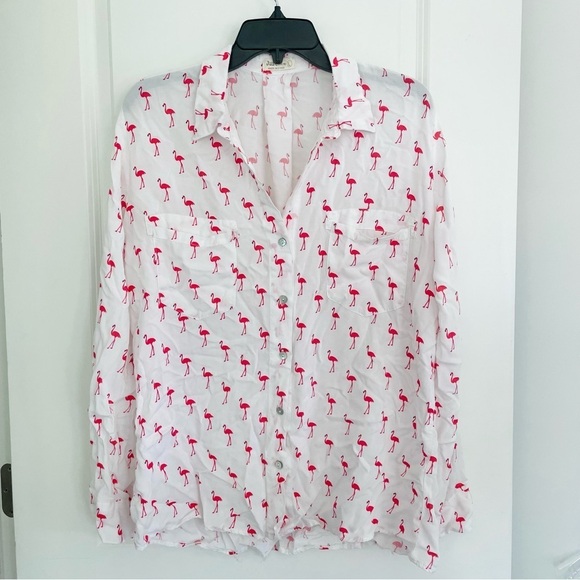 Just Living Tops - Just Living Flamingo Print Button Down Top Pink White Size L